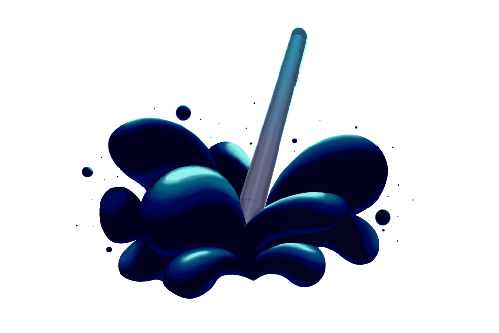 Pen pressing down on surface and causing ink blots to splash.