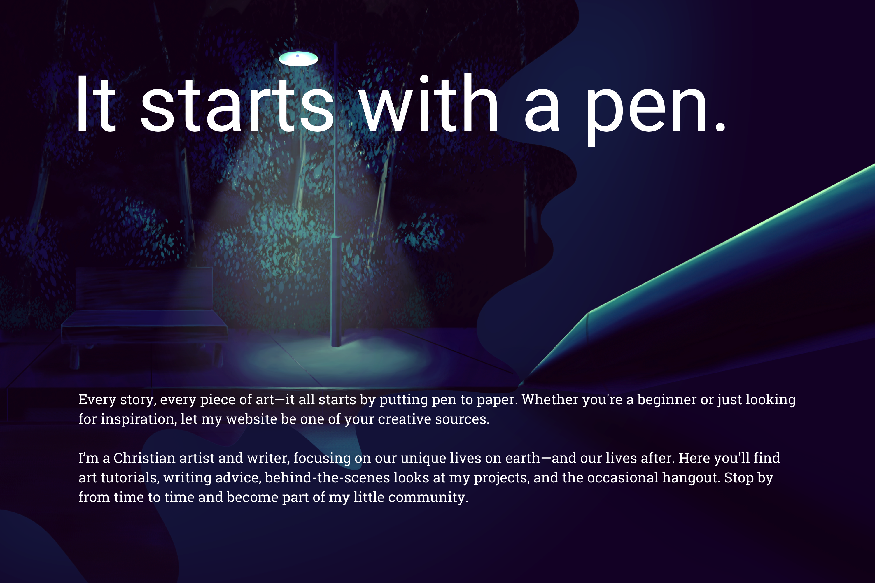 Pen drawing an illustration of a streetlight and bench at night.